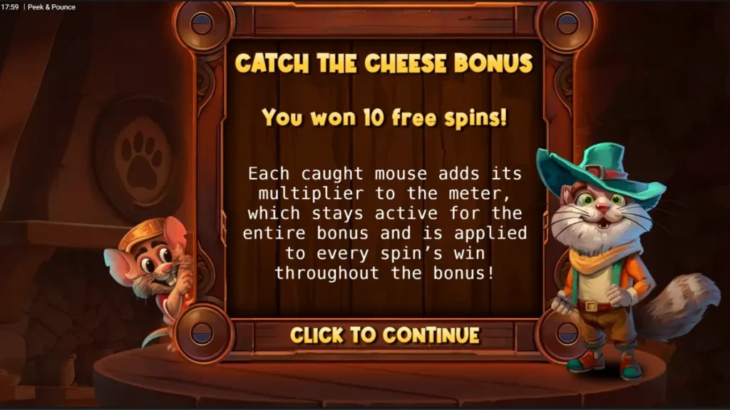 Tampilan visual permainan slot Peek & Pounce dengan tema dapur kartun