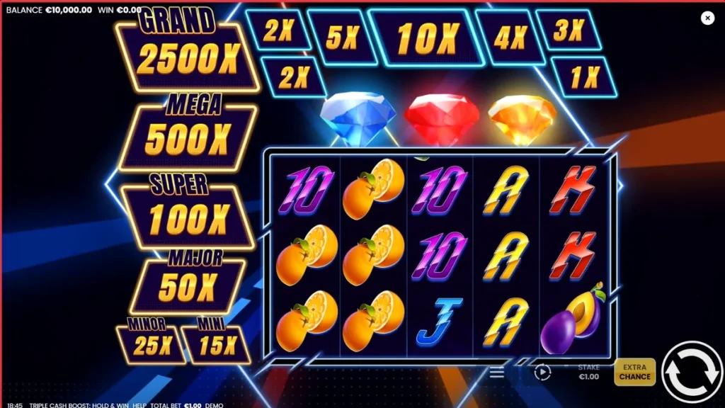 Tampilan visual neon futuristik dari slot Triple Cash Boost